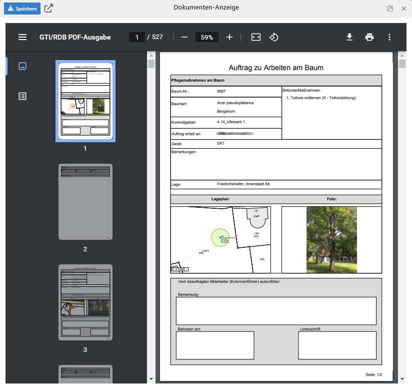 Baumkataster Auftragszettel pdf Anzeige UI