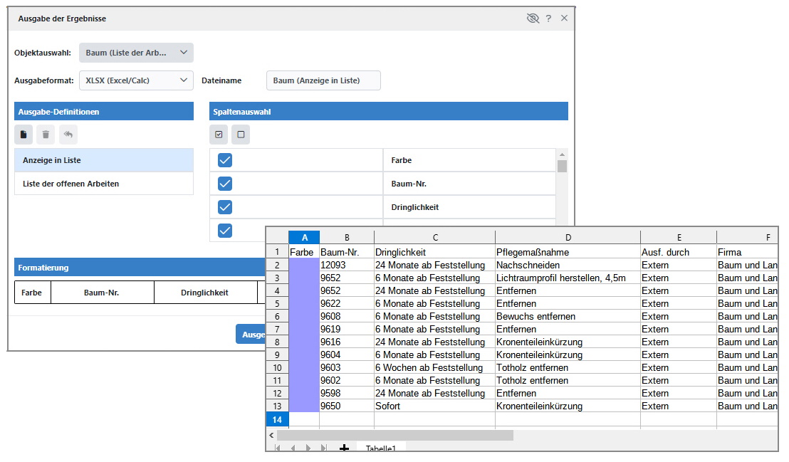 Baumkataster Export offene Arbeiten UI