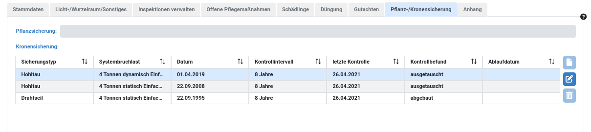 Baumkataster Kronensicherung Uebersicht UI