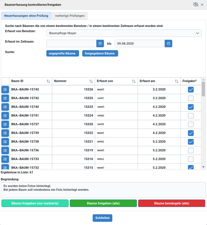 Baumkataster Ueberpruefung der neuerfassten Baeume