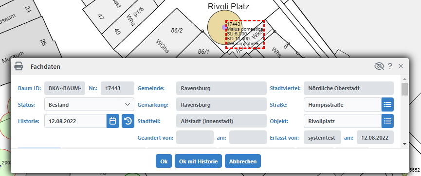 Baumkataster automatische standortuebernahme