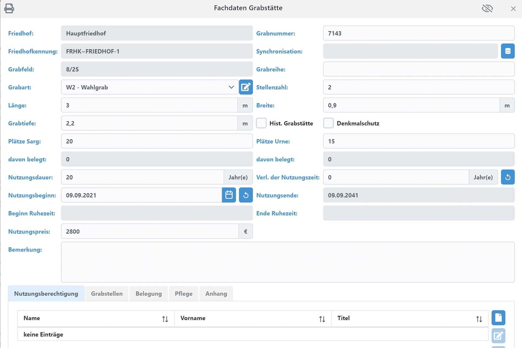 Friedhofskataster Fachdaten Belegung UI