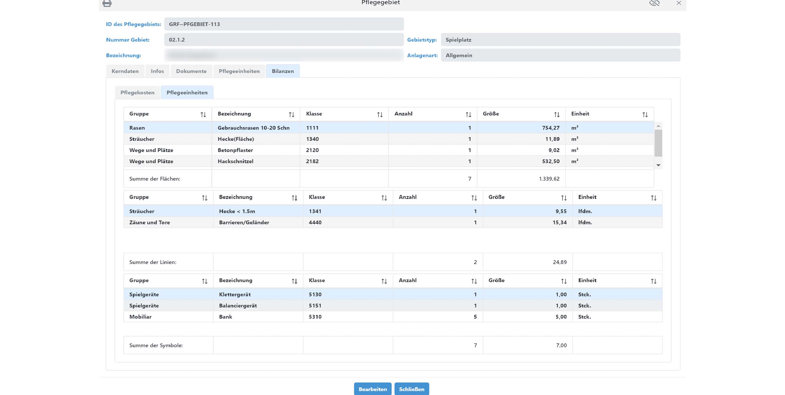 Gruenflaechenplan UI Bilanz Pflegeeinheit