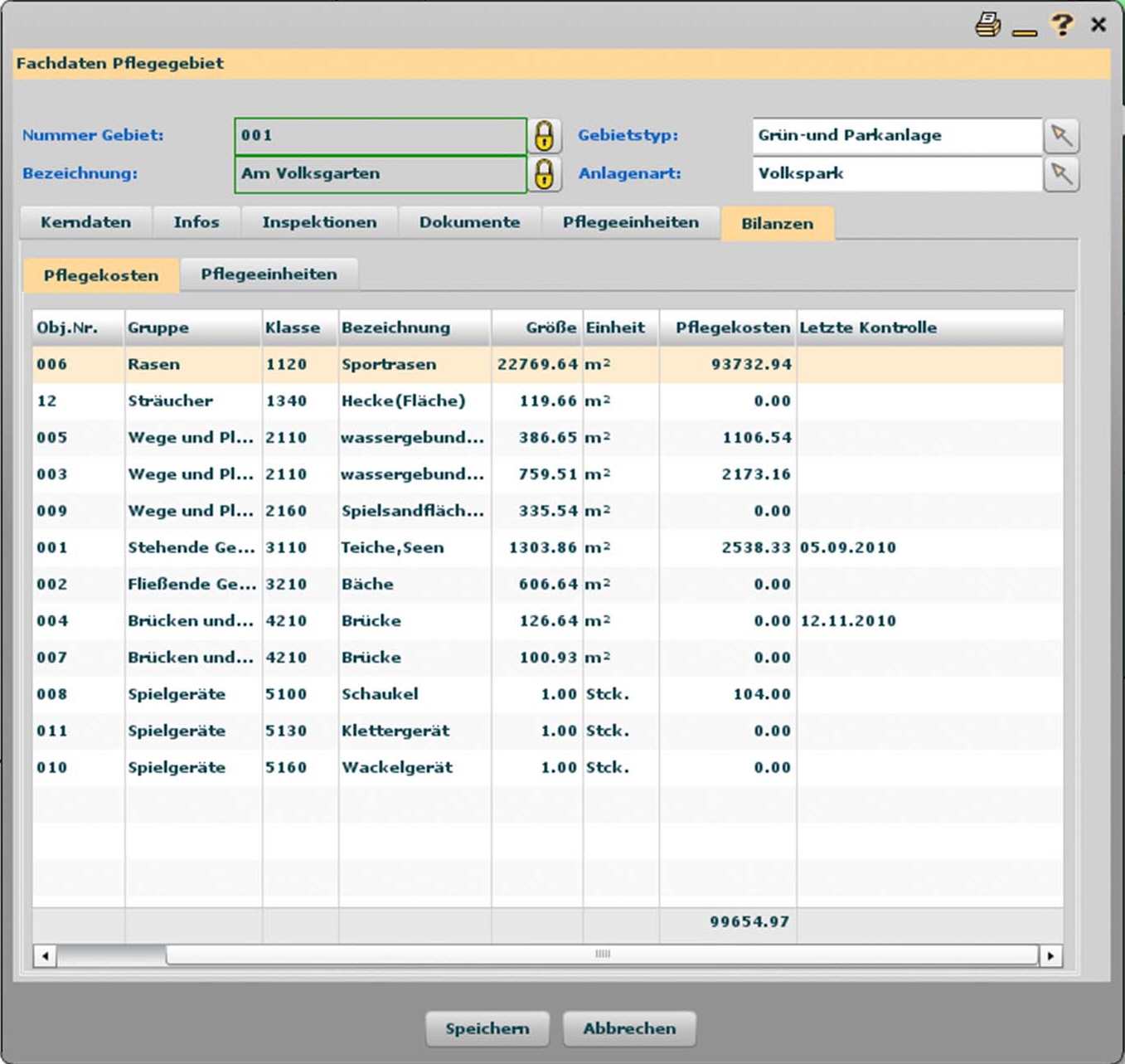 Gruenflaechenplan UI Fachdaten Auswertung Pflegegebiet