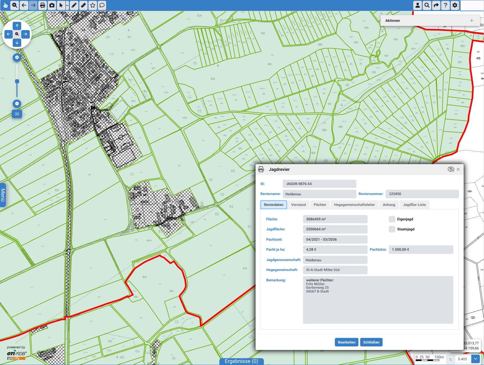 Ausschnitt eines Jagdreviers mit Fachdaten