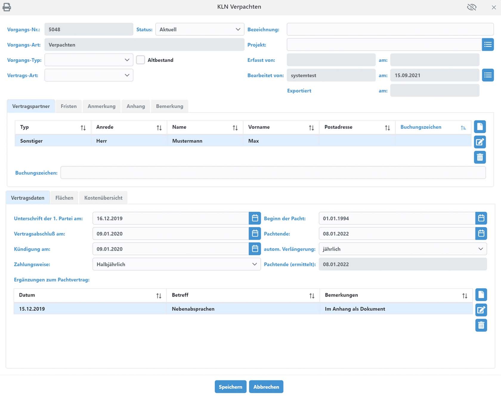Fachdatenmaske eines KLN-Vorgangs