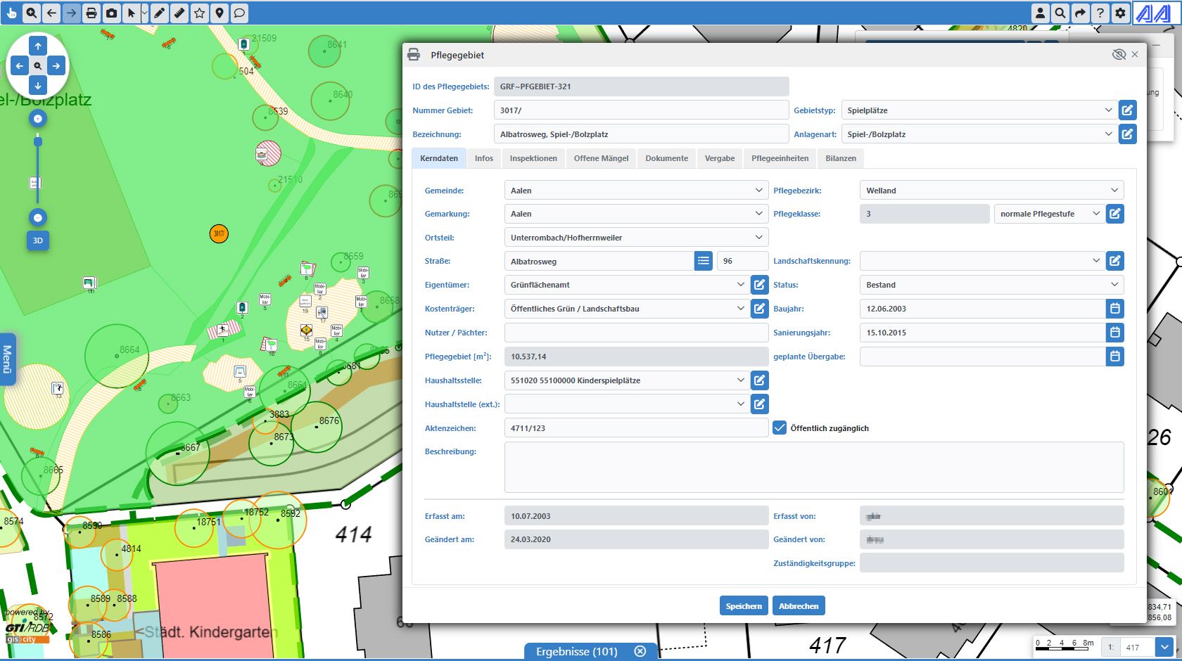 Typisches Fenster bei der Grünflächenplan-Bearbeitung